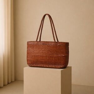 Hand-Woven Leather Cognac Shoulder Tote